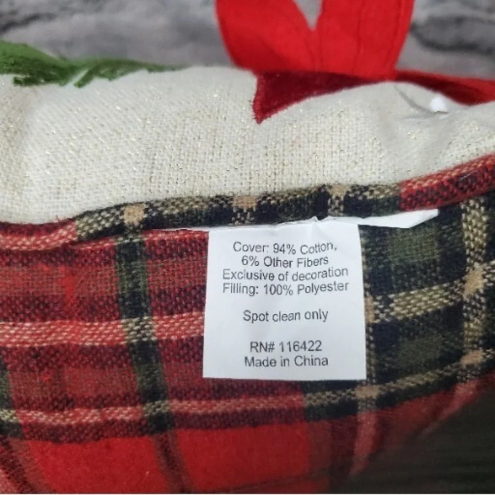 Red Felt Poinsettia Holly Merry Christmas Holiday Pillow Red Plaid Backing 16